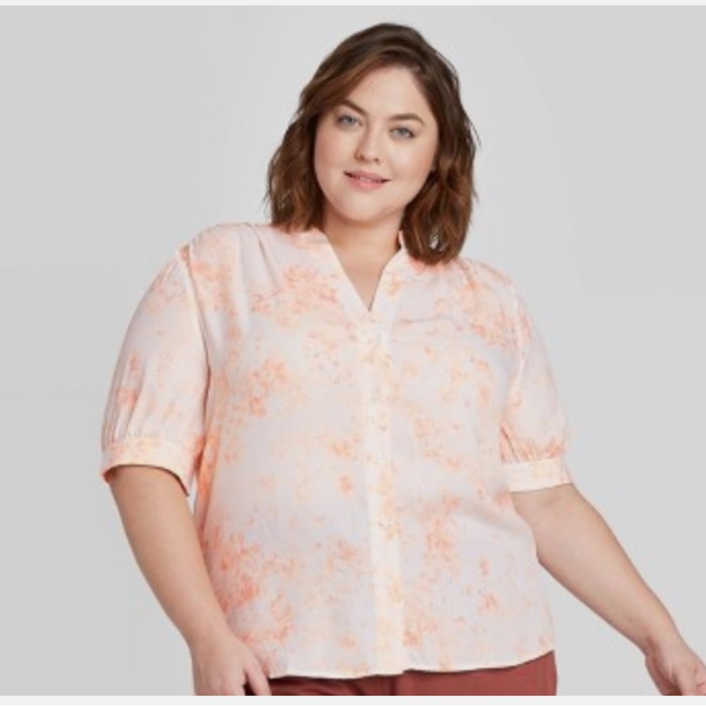 Women's Plus Size Short Sleeve Tie-Dye Button-Front Blouse-Ava & Viv-Pink